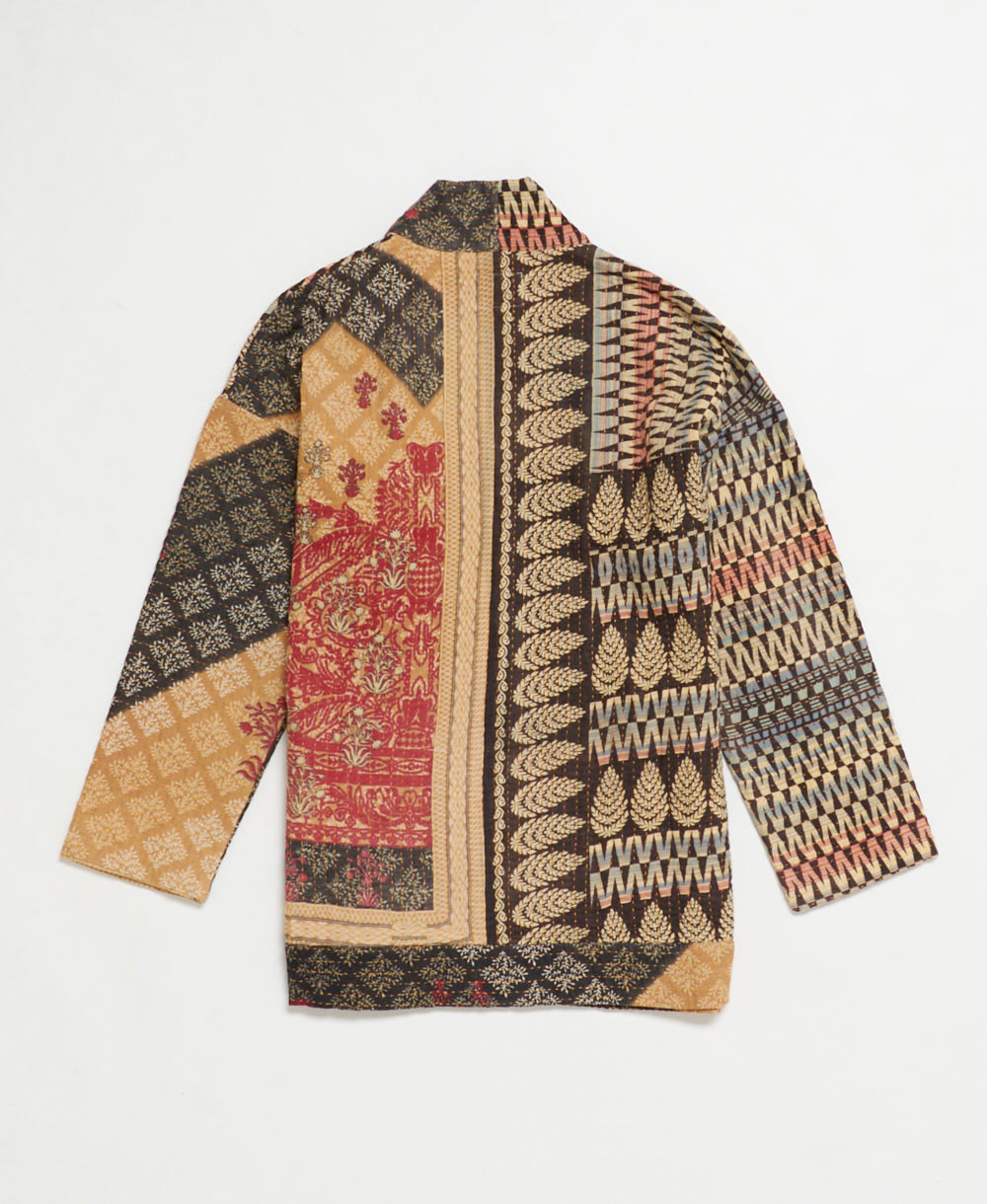 open front quilted jacket made from upcycled saris by artisans in India