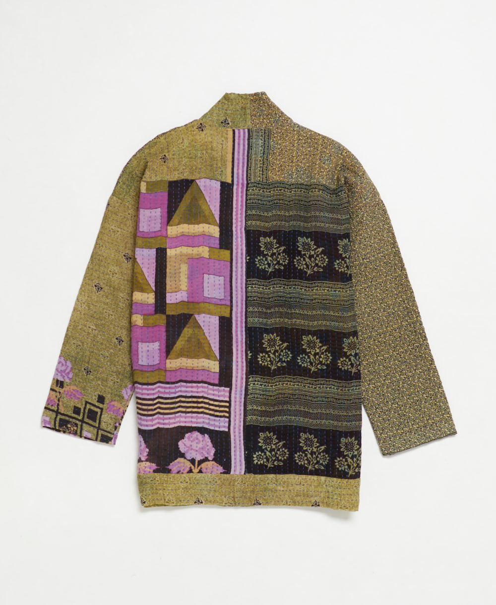 open front quilted jacket made from upcycled saris by artisans in India