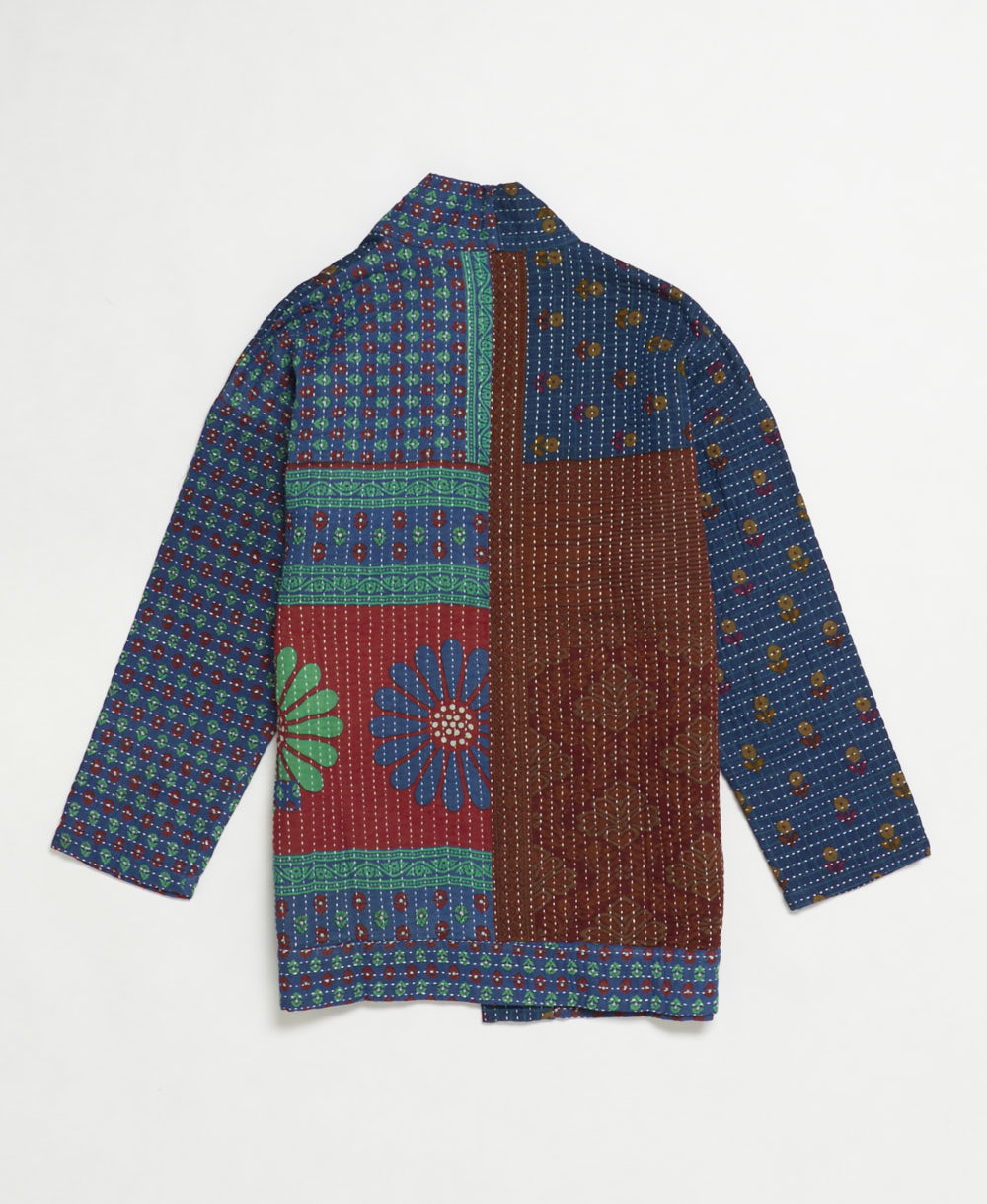 open front quilted jacket made from upcycled saris by artisans in India