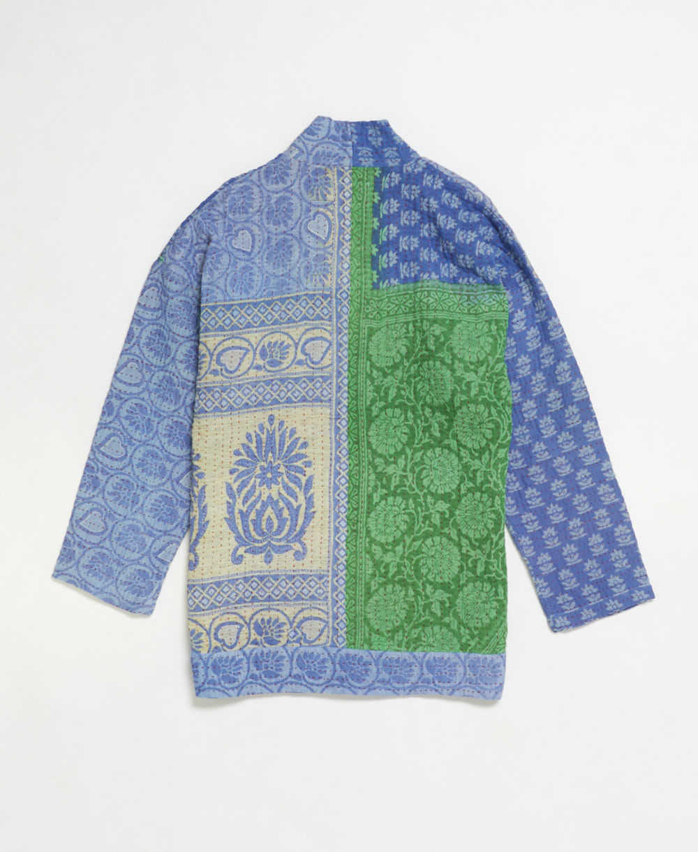 open front quilted jacket made from upcycled saris by artisans in India
