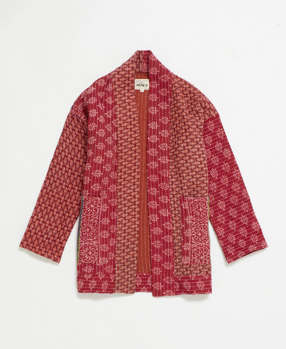open front quilted jacket made from upcycled saris by artisans in India