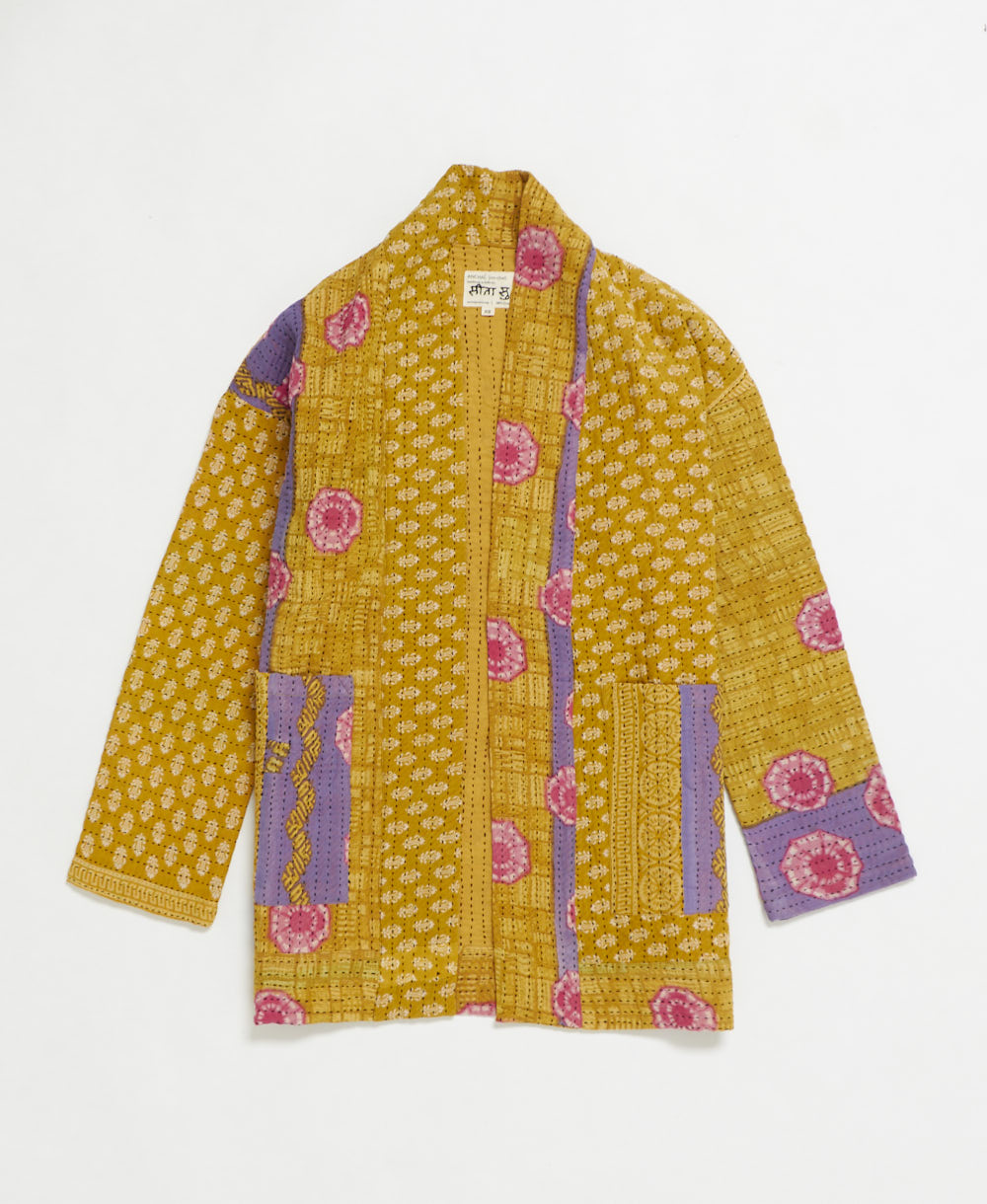 open front quilted jacket made from upcycled saris by artisans in India