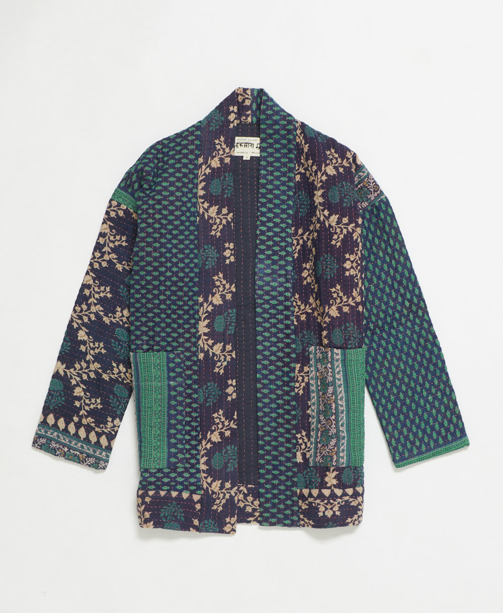 open front quilted jacket made from upcycled saris by artisans in India