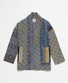 open front quilted jacket made from upcycled saris by artisans in India