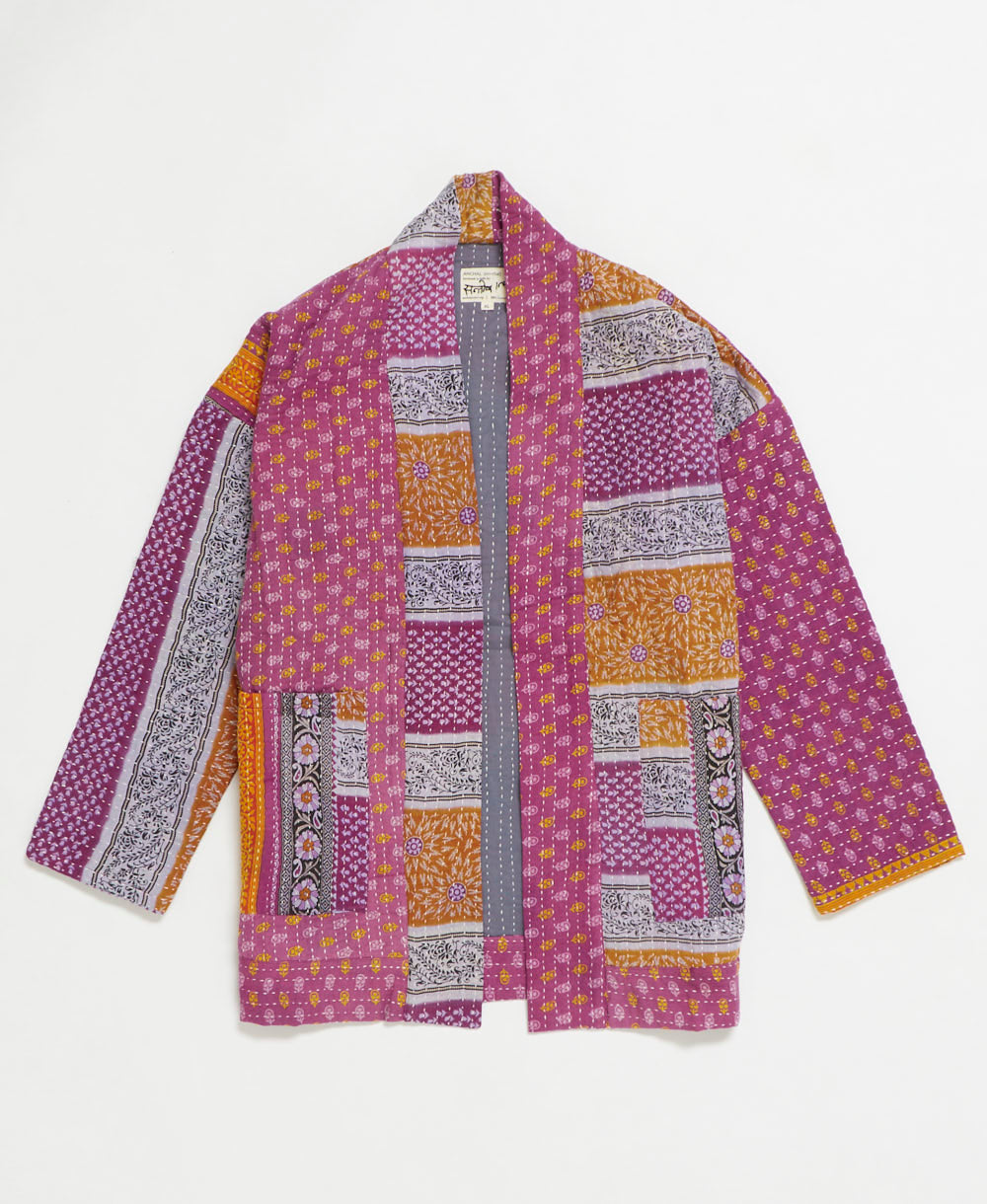 open front quilted jacket made from upcycled saris by artisans in India