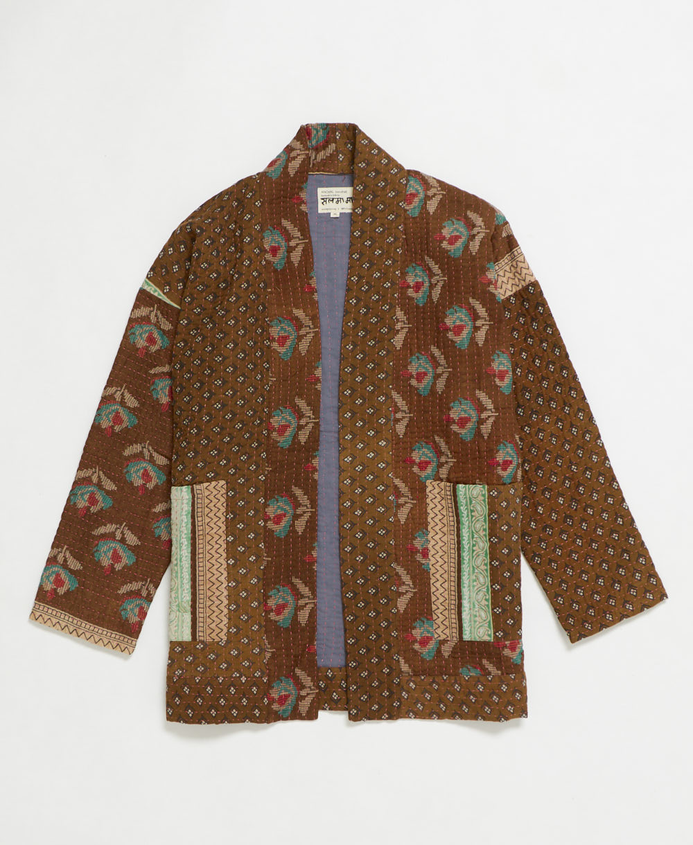 open front quilted jacket made from upcycled saris by artisans in India