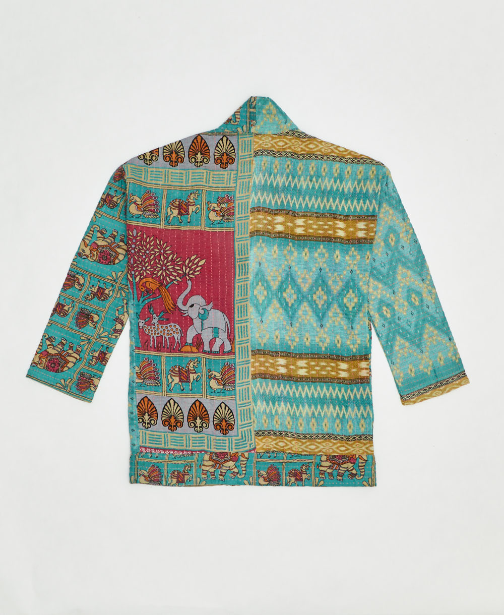 open front quilted jacket made from upcycled saris by artisans in India
