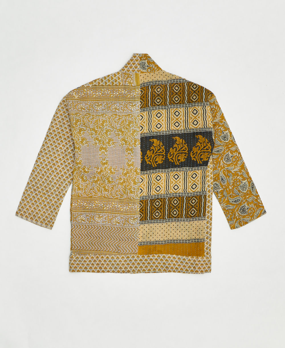 open front quilted jacket made from upcycled saris by artisans in India