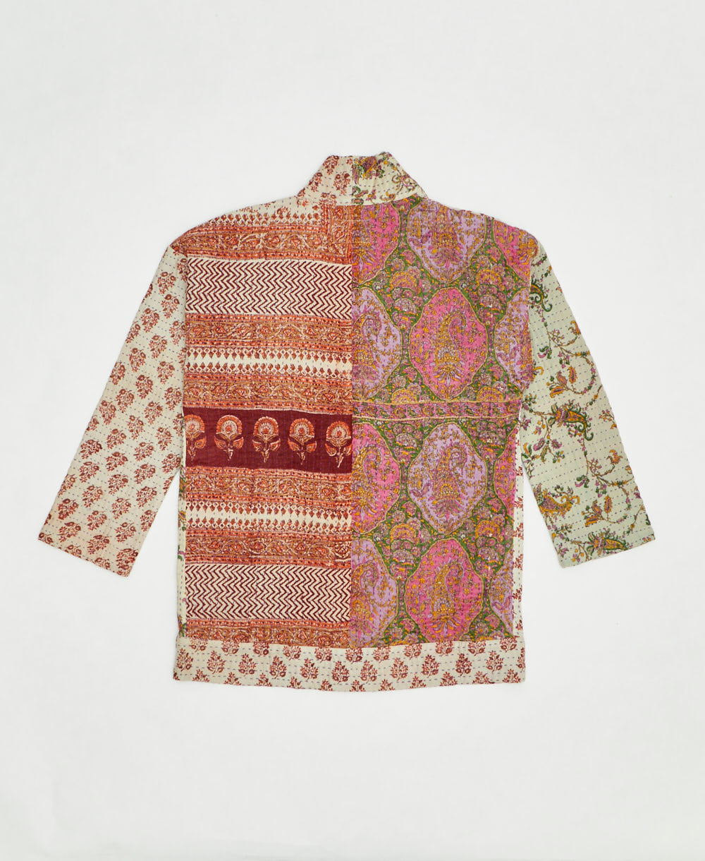 open front quilted jacket made from upcycled saris by artisans in India