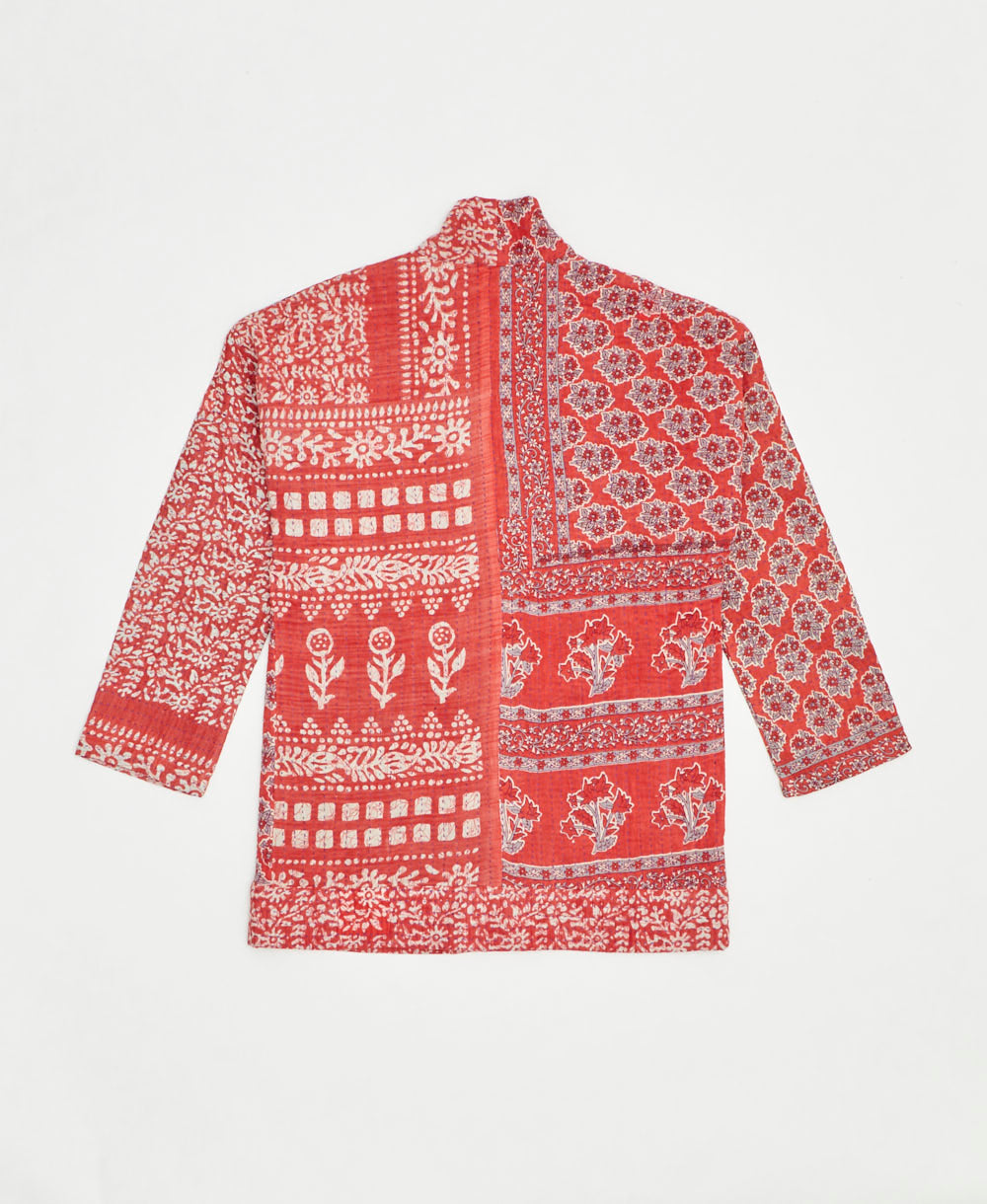 open front quilted jacket made from upcycled saris by artisans in India