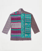 open front quilted jacket made from upcycled saris by artisans in India