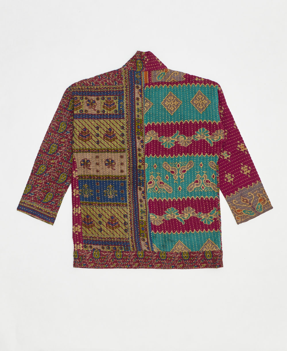 open front quilted jacket made from upcycled saris by artisans in India