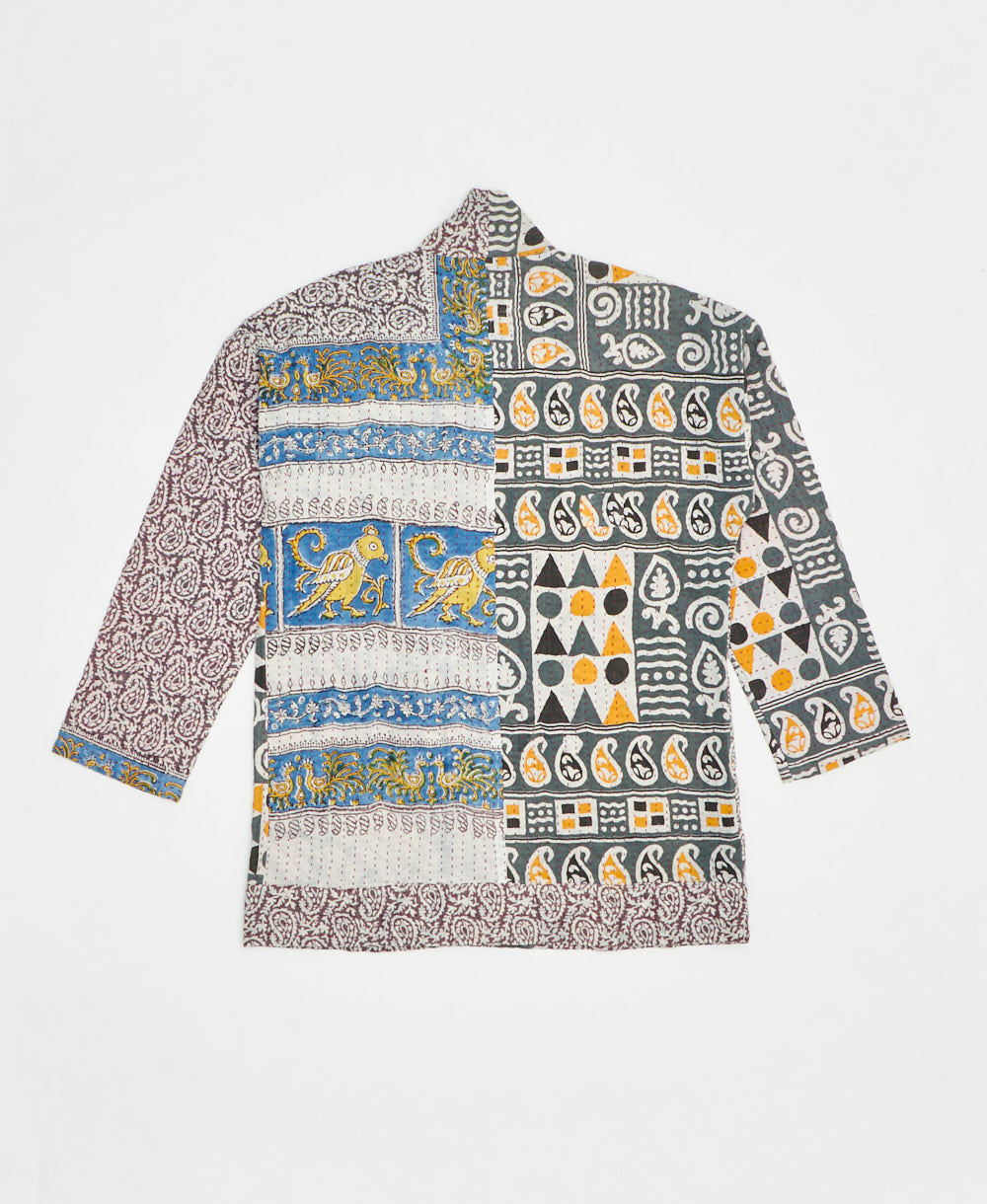 open front quilted jacket made from upcycled saris by artisans in India