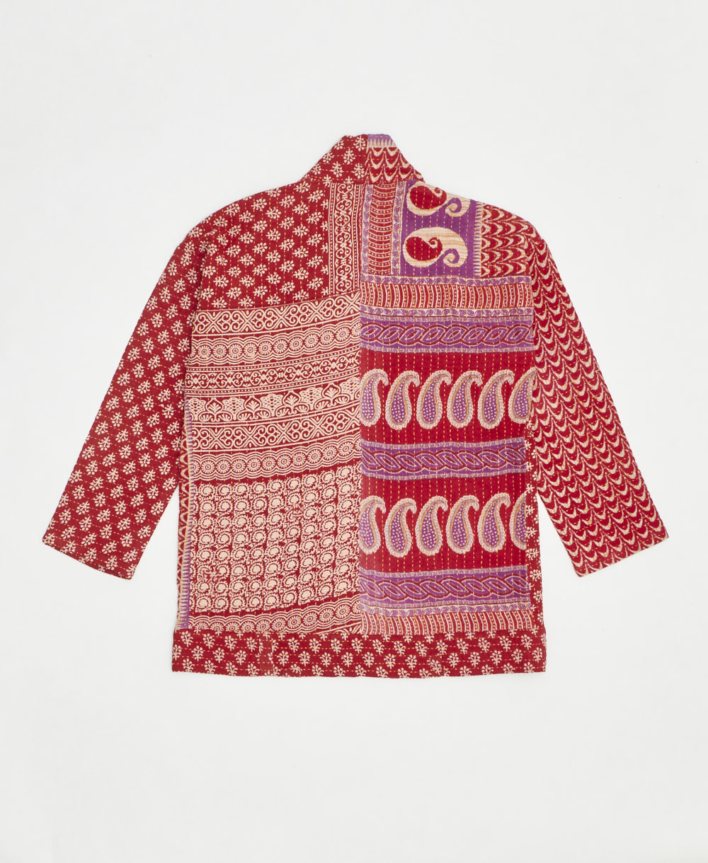 open front quilted jacket made from upcycled saris by artisans in India