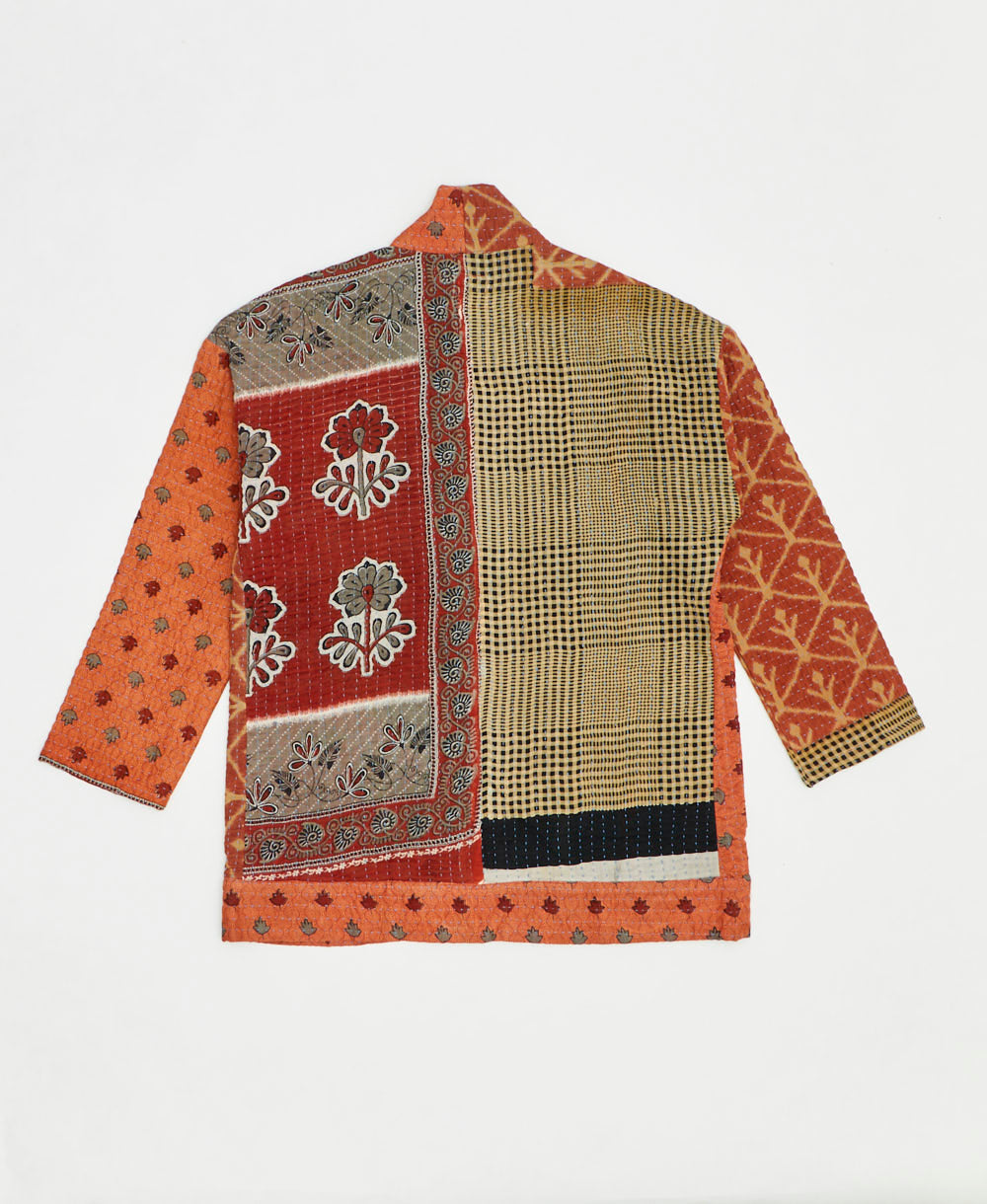 open front quilted jacket made from upcycled saris by artisans in India