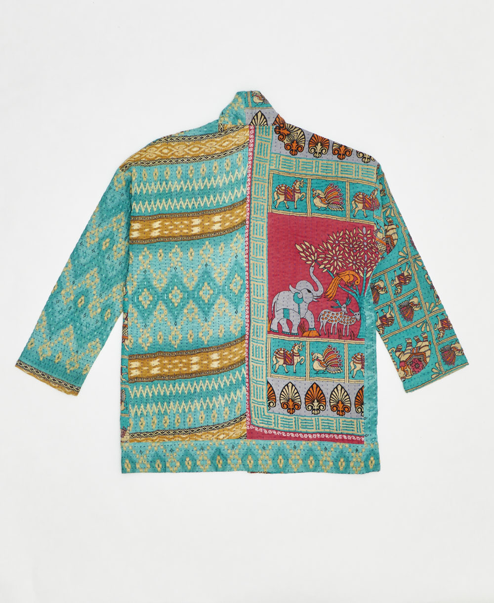 open front quilted jacket made from upcycled saris by artisans in India