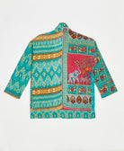 open front quilted jacket made from upcycled saris by artisans in India