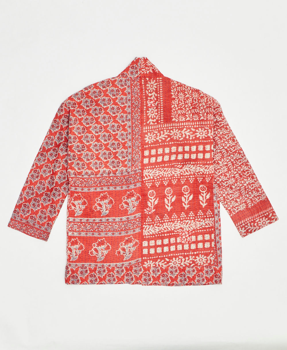 open front quilted jacket made from upcycled saris by artisans in India