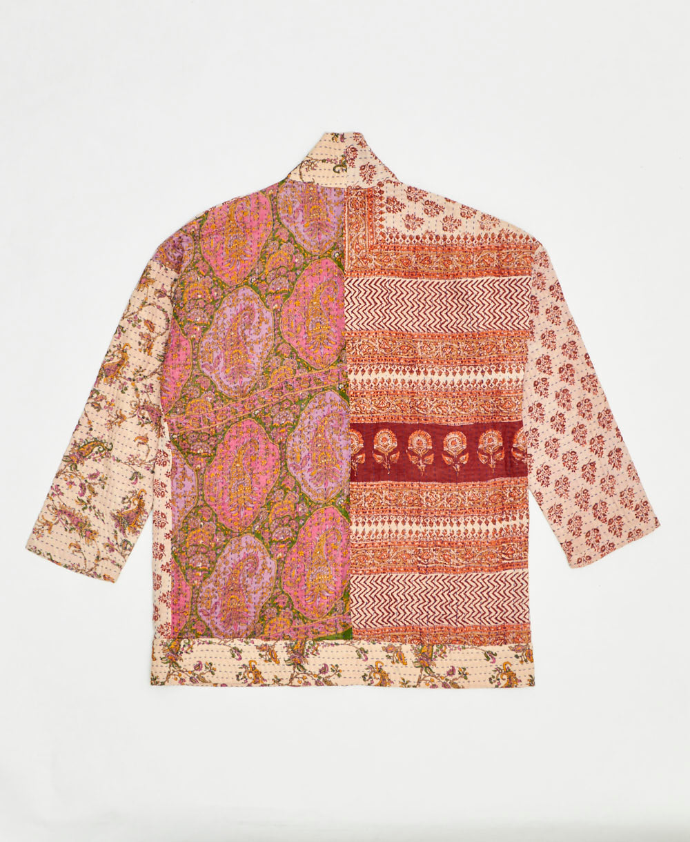 open front quilted jacket made from upcycled saris by artisans in India