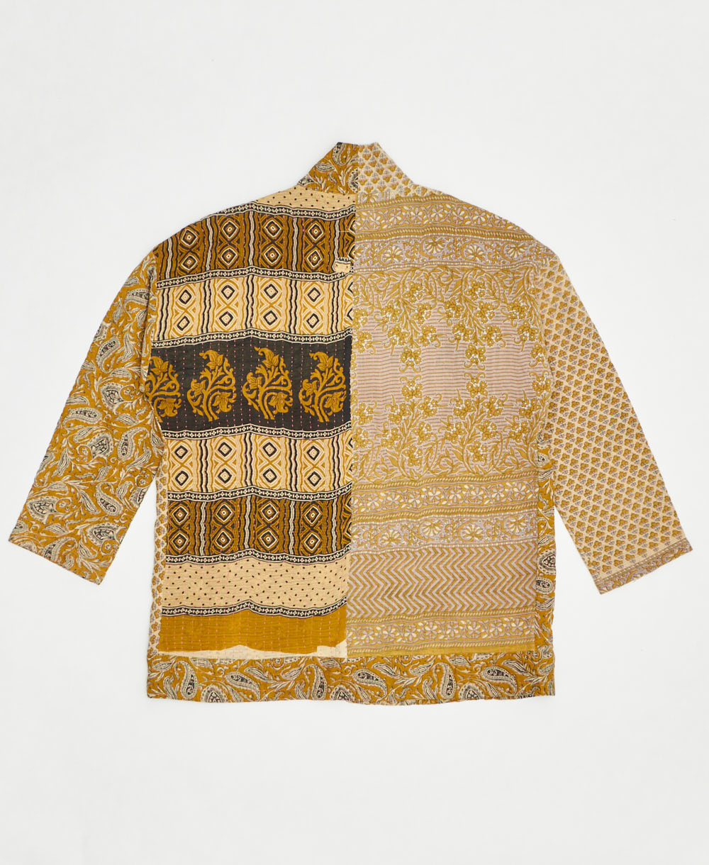 open front quilted jacket made from upcycled saris by artisans in India