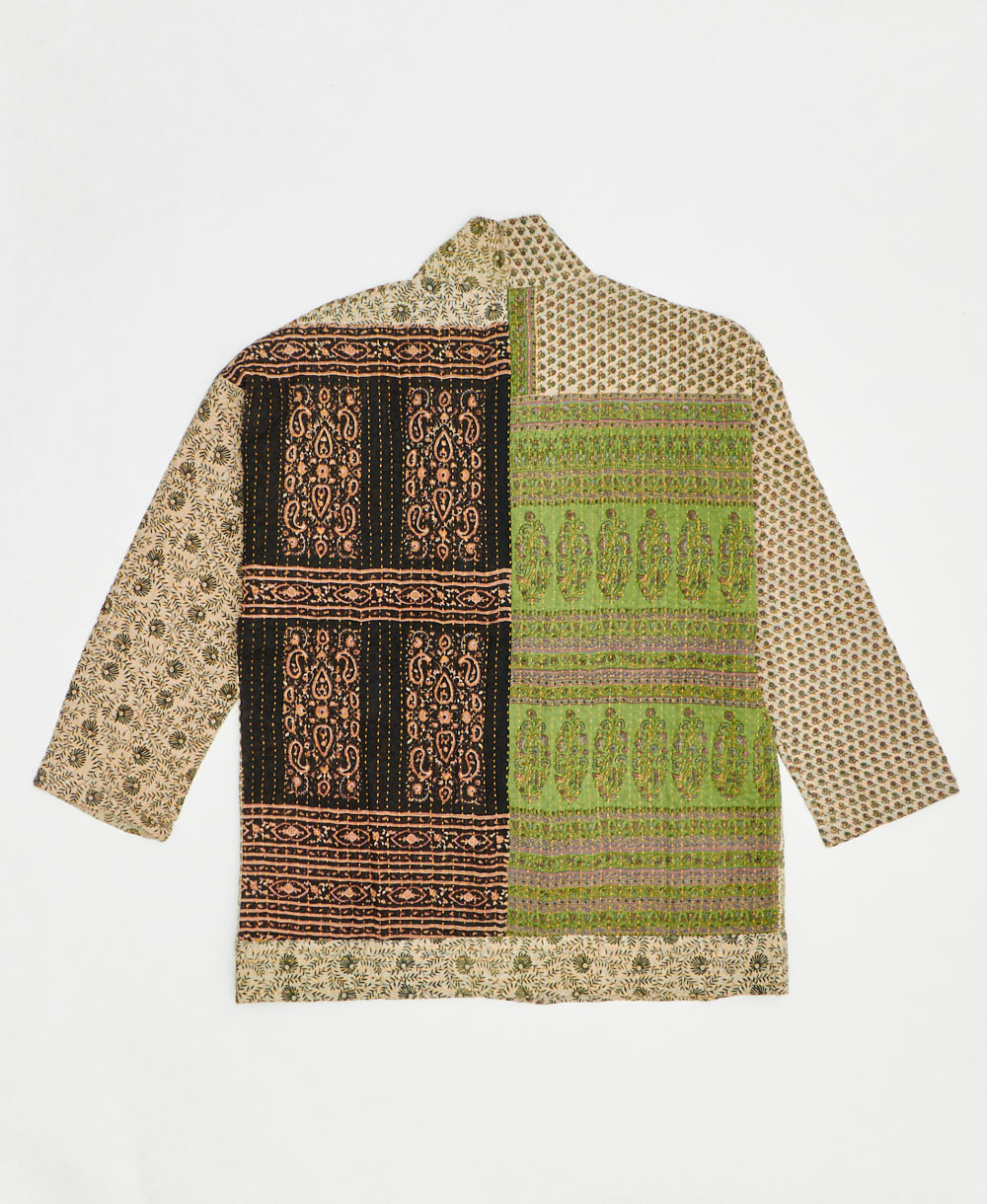 open front quilted jacket made from upcycled saris by artisans in India