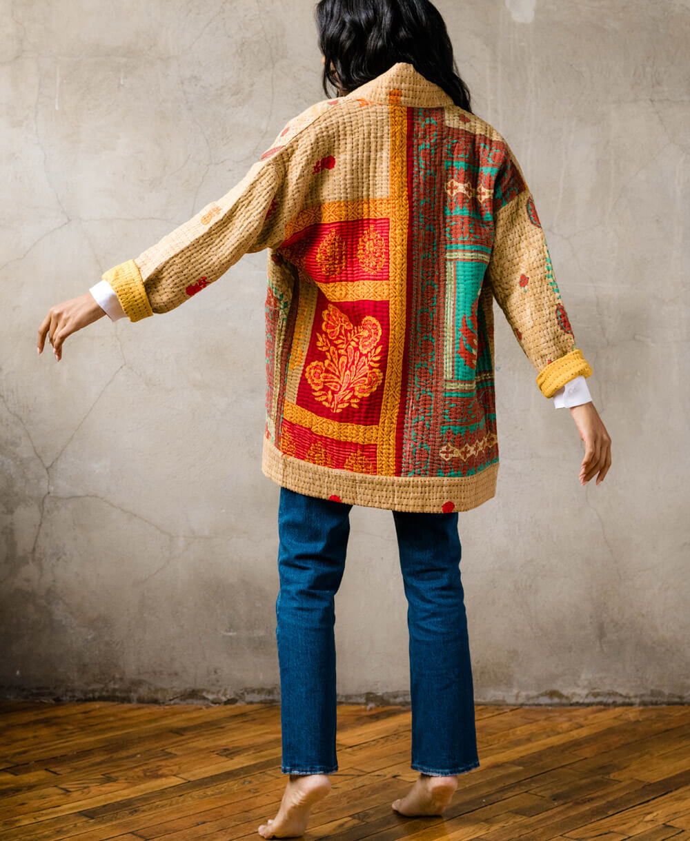 unique quilted jacket upcycled from vintage cotton saris and kantha stitched in India by artisans