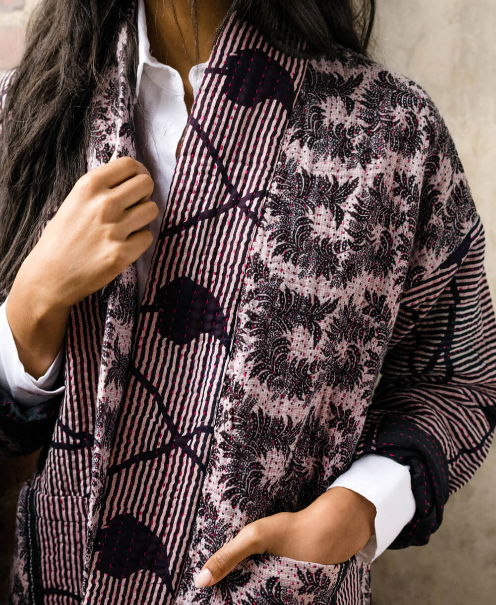 handstitched cardigan style quilted jacket made from upcycled cotton saris sourced in India