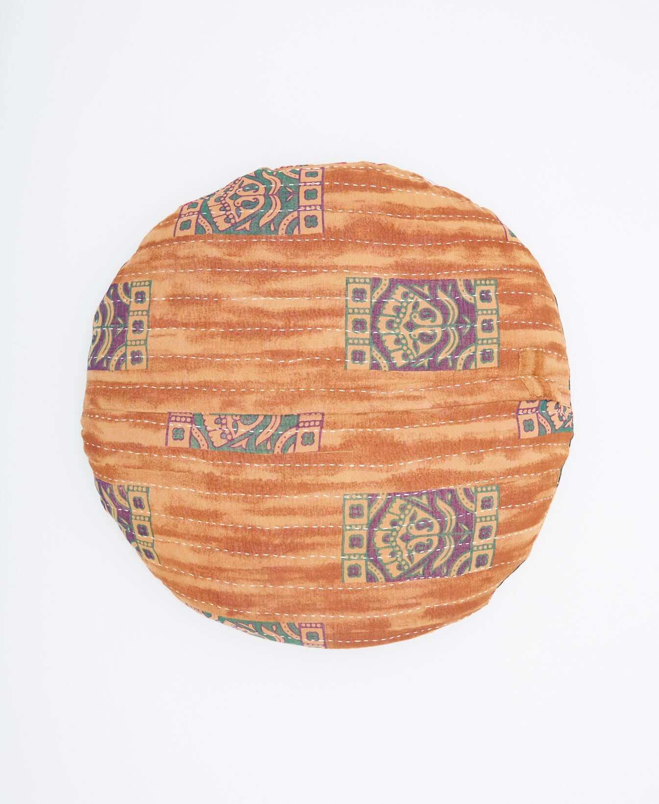 light tan back of kantha round throw pillow with purple boxes pattern