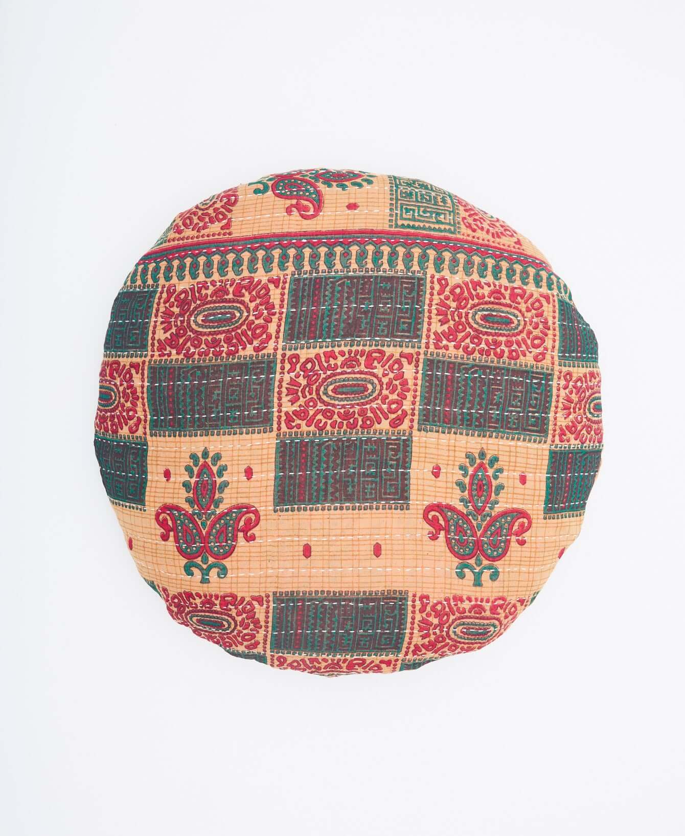 peachy tan round pillow with white kantha stitching handmade in India from vintage saris