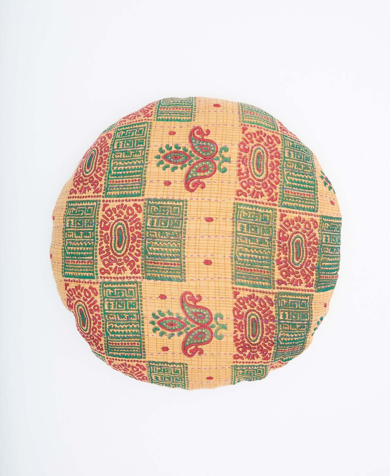 eco-friendly round pillow with tan, green and red square geo print