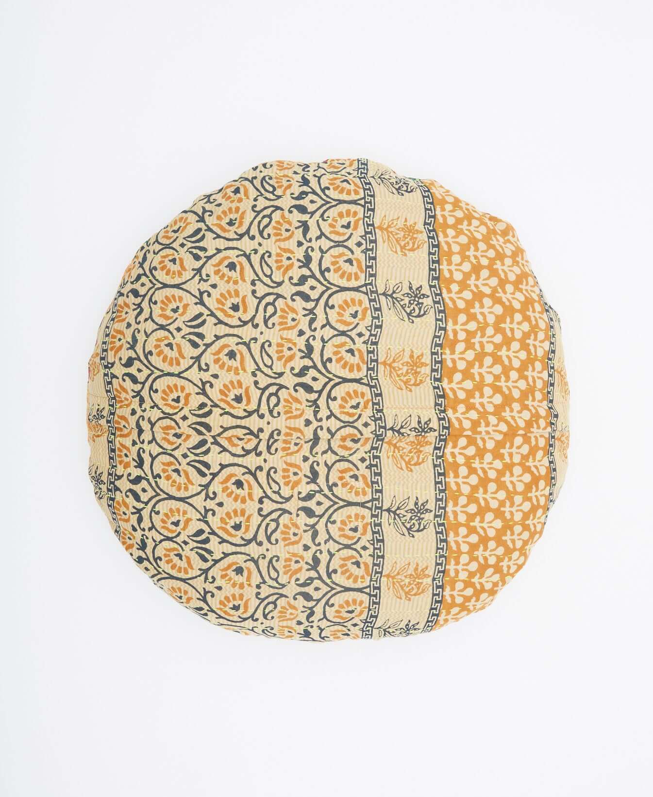 light tan, mustard and navy vintage kantha circle pillow made in India