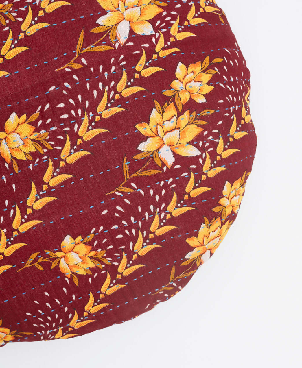 unique round throw pillow made from eco-friendly vintage red and yellow floral fabrics