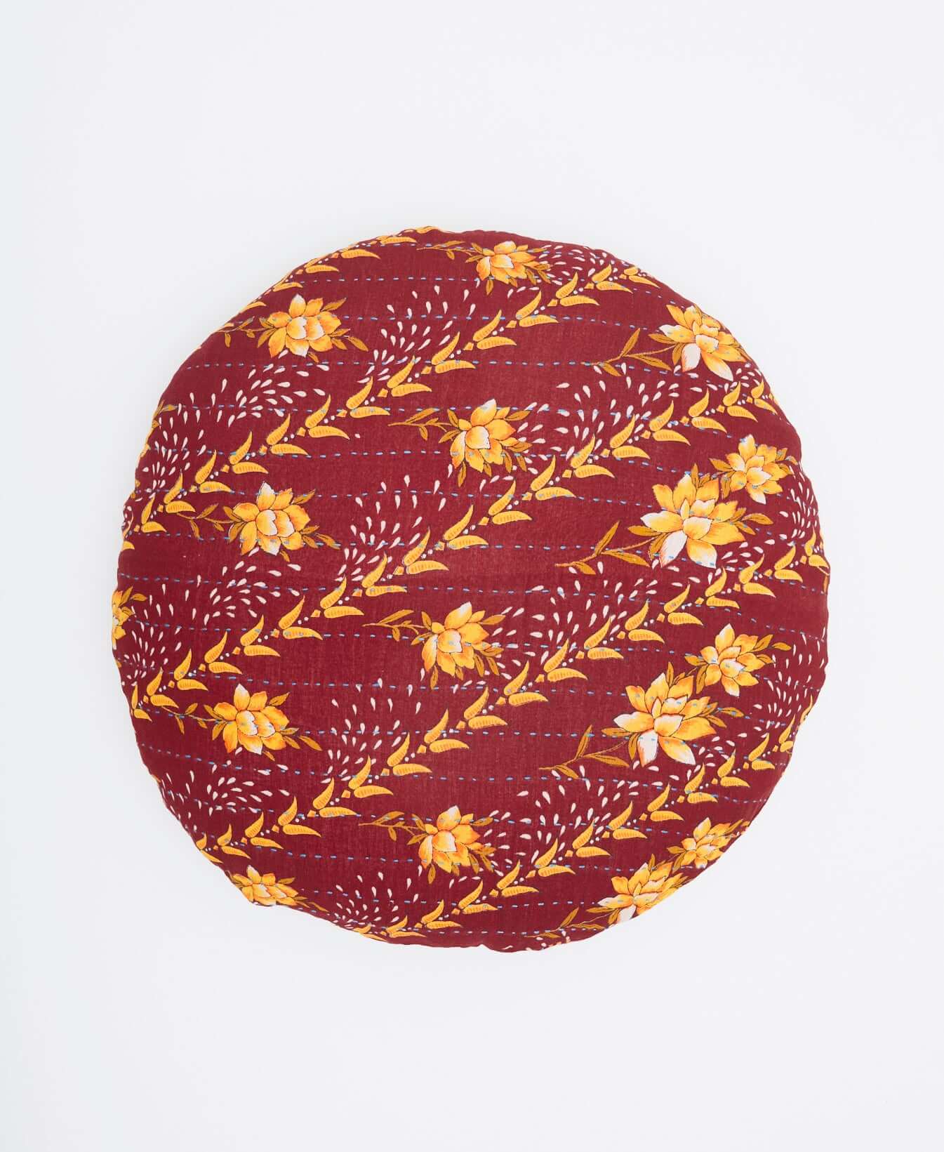 brick red round pillow with golden floral print handmade in India by women artisans from vintage saris