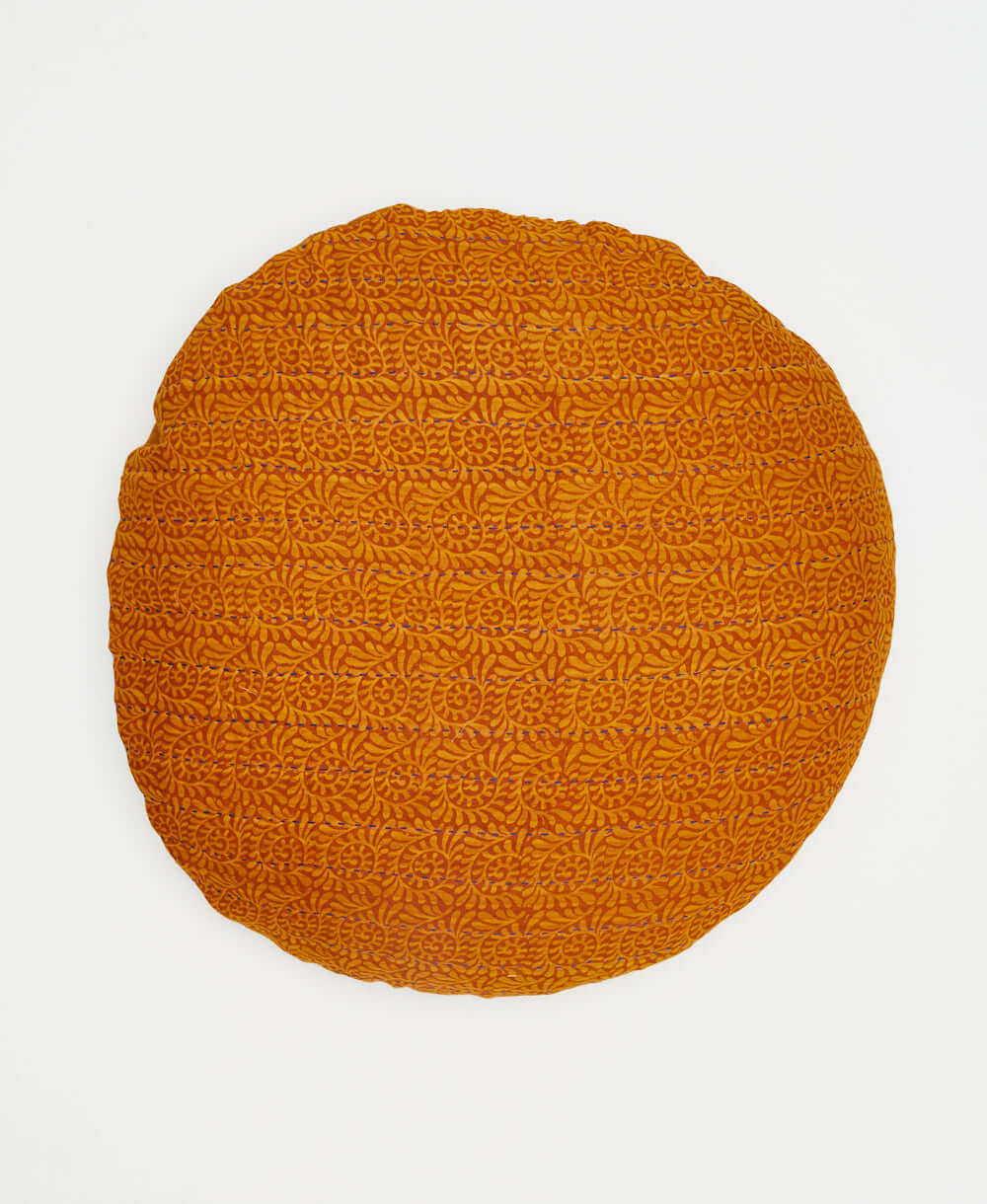 dark orange kantha round pillow handmade from eco-friendly vintage cotton and hand-embroidered