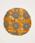 kantha round pillow in yellow-orange with black and white medallion print by Anchal