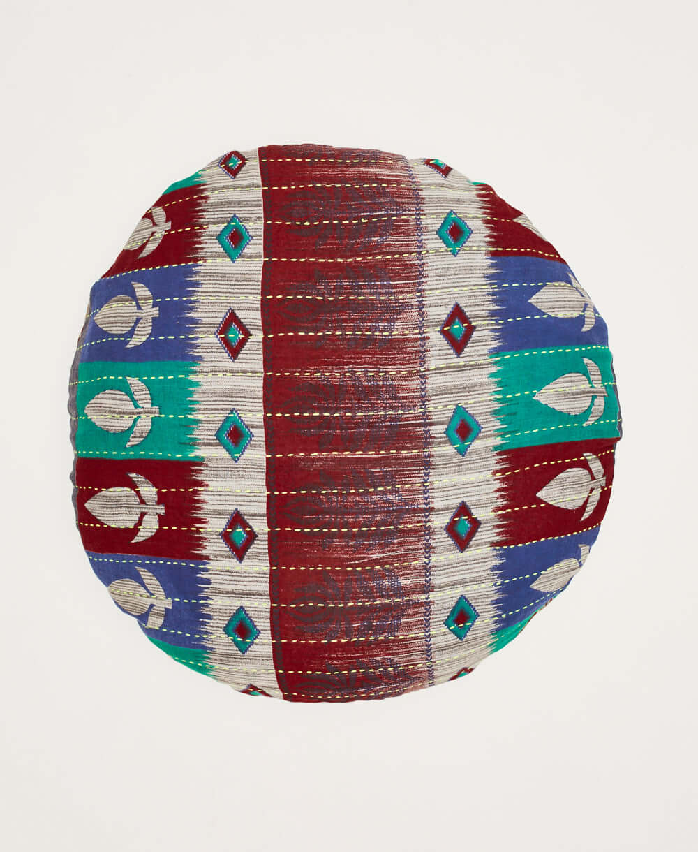 dark red, cobalt and teal diamond printed round pillow handmade in India