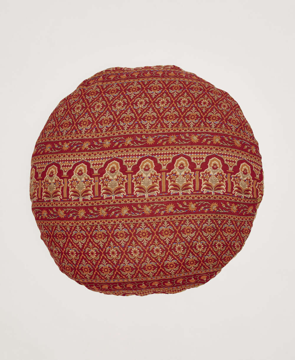 brick red round pillow in paisley diamond pattern made in India from vintage cotton fabrics