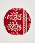 red and tan round pillow with traditional print made from unique vintage cotton saris by Anchal