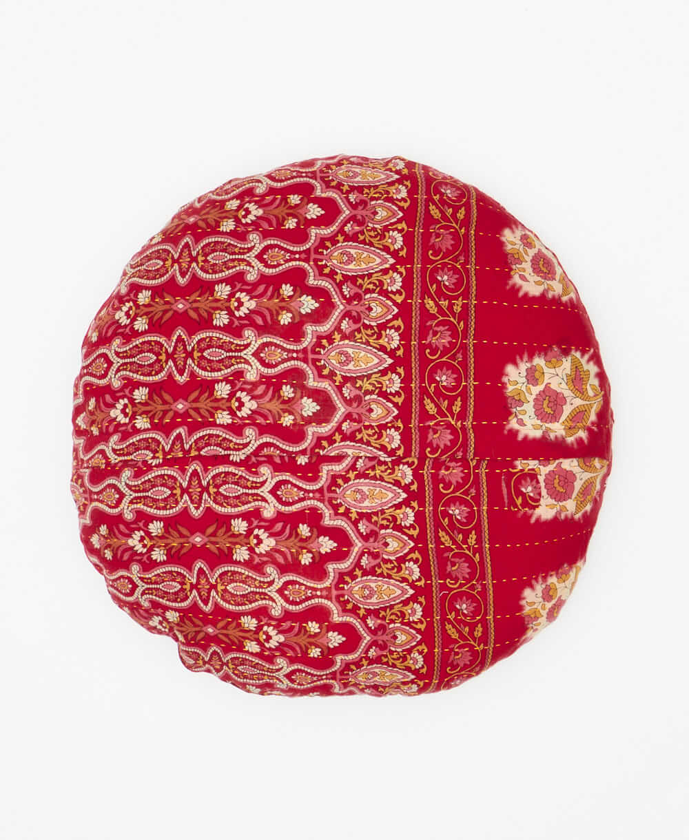 round throw pillow sustainably made from floral print cotton saris 