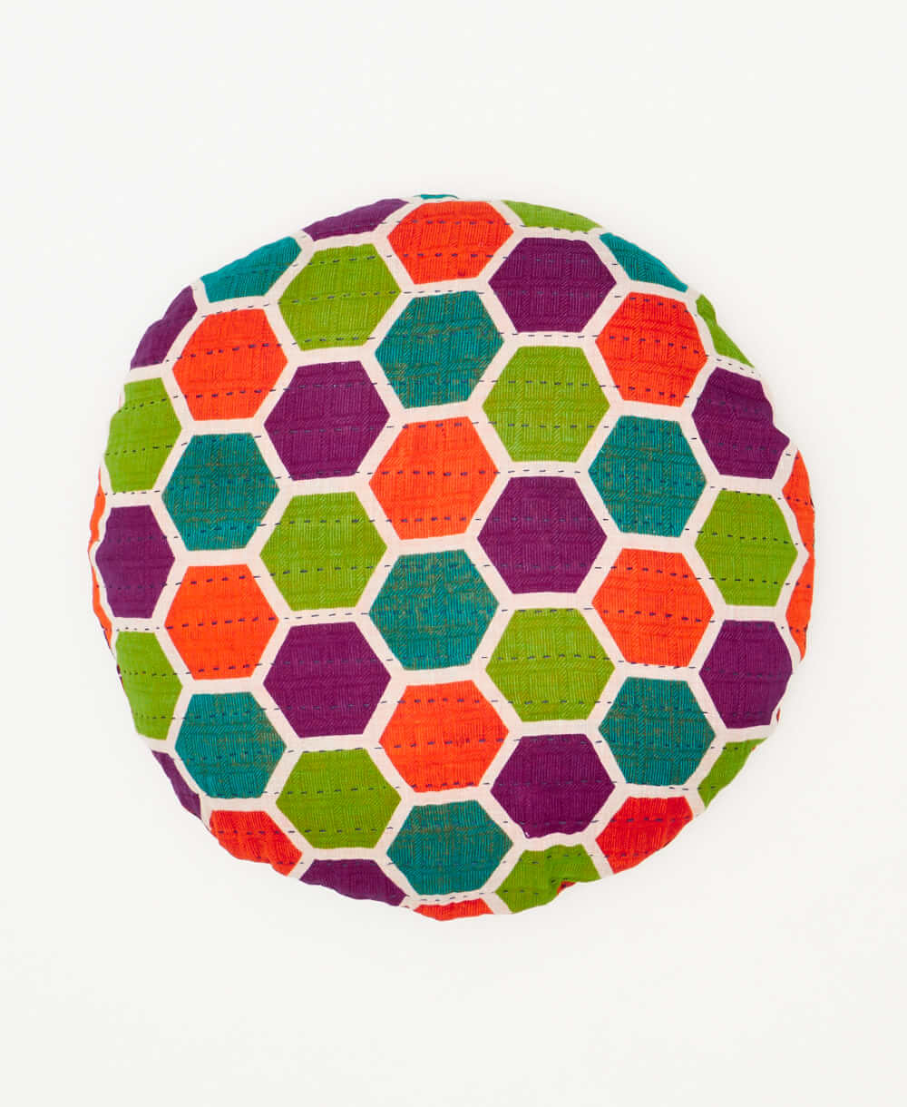 sustainably made colorful honeycomb print round pillow 