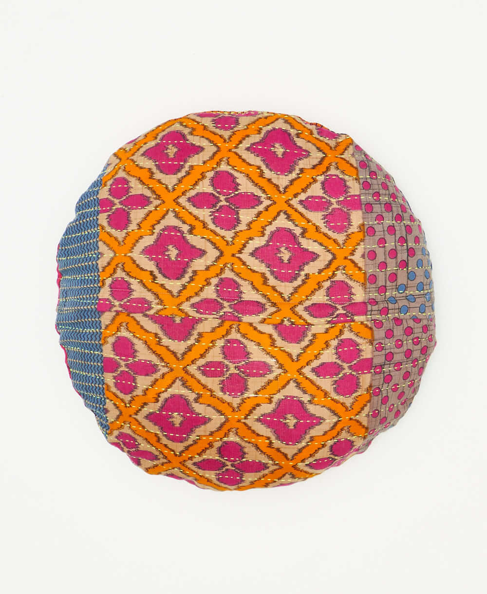 round throw pillow sustainably crafted using colorful repurposed saris 