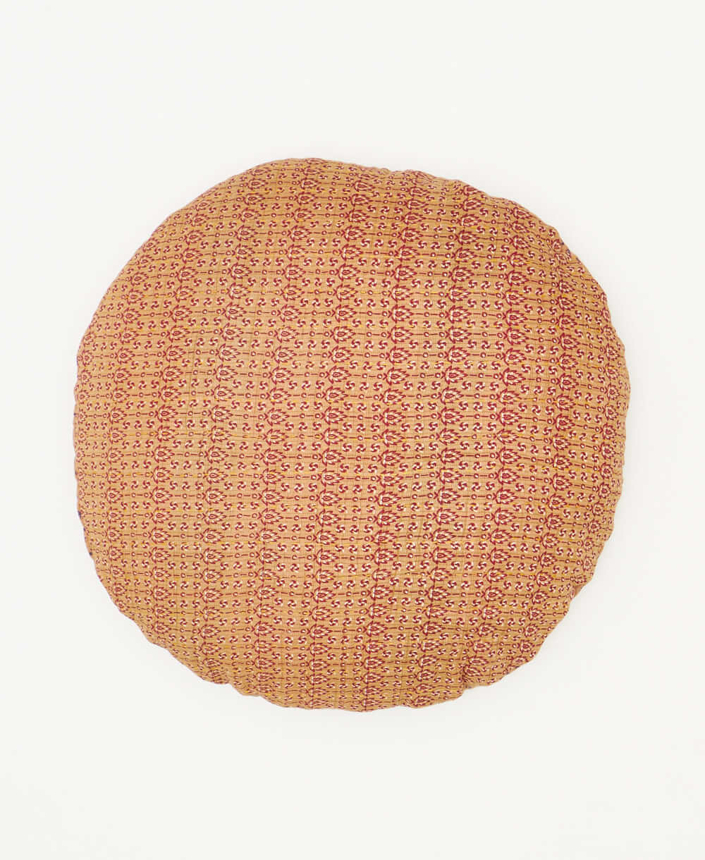 red and tan paisley print round throw pillow made by artisans 