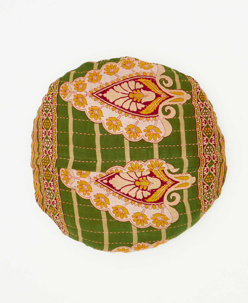 round throw pillow ethically crafted using repurposed green cotton saris 