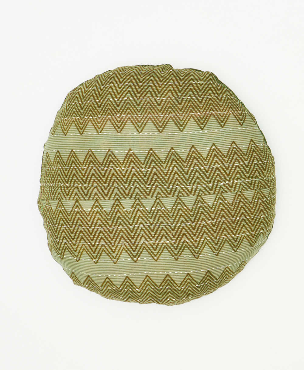 ehtically crafted round throw pillow created using green vintage cotton saris 