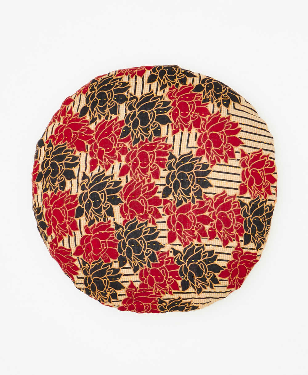 red and black floral print ethically made round throw pillow