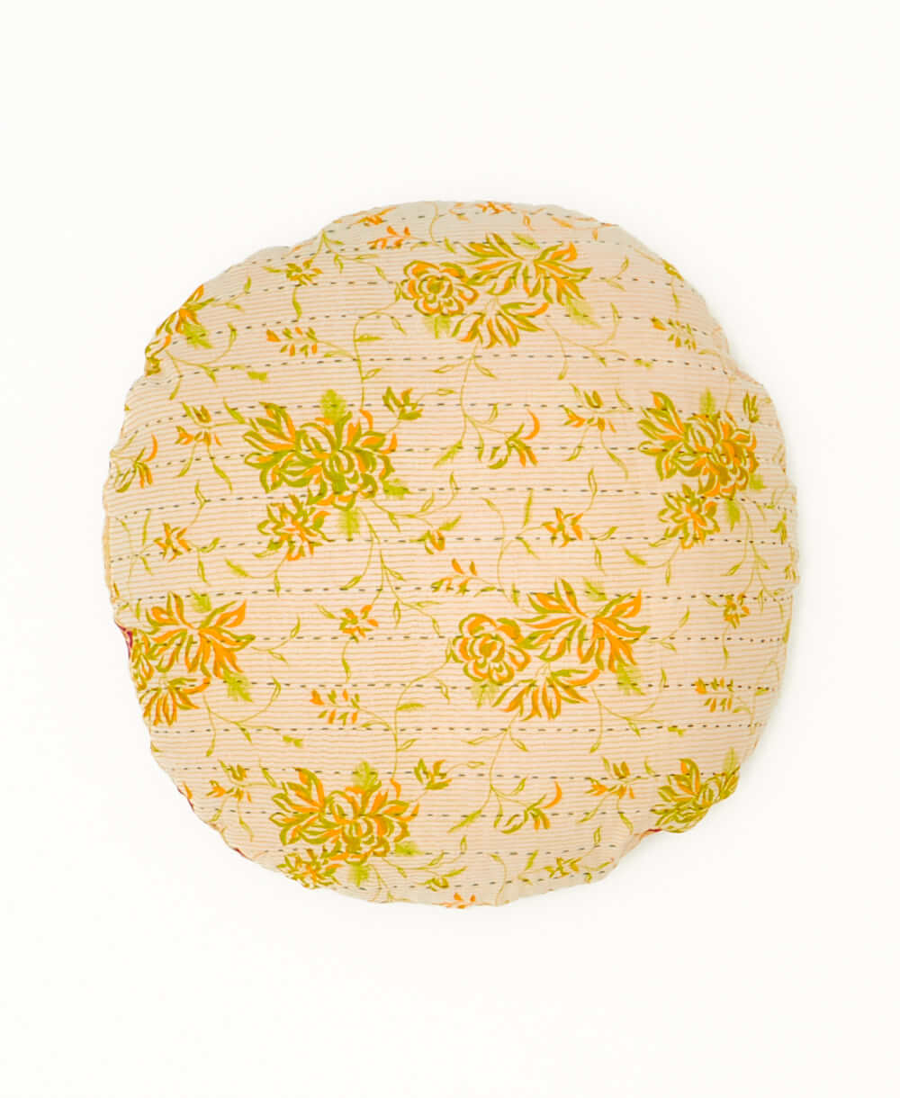 green and yellow floral print artisan crafted round throw pillow 