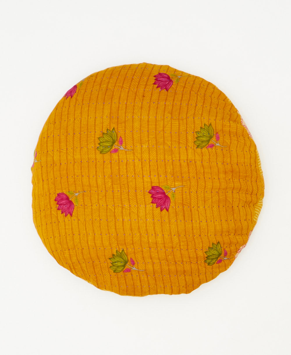 mustard and pink floral artisan made round throw pillow