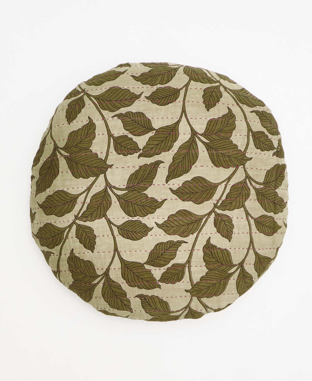 light grey botanical round pillow handmade in India