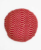 dark red and yellow round throw pillow handamde using recycled vintage fabrics 