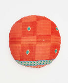 red and blue geometric round throw pillow made of vintage fabrics 